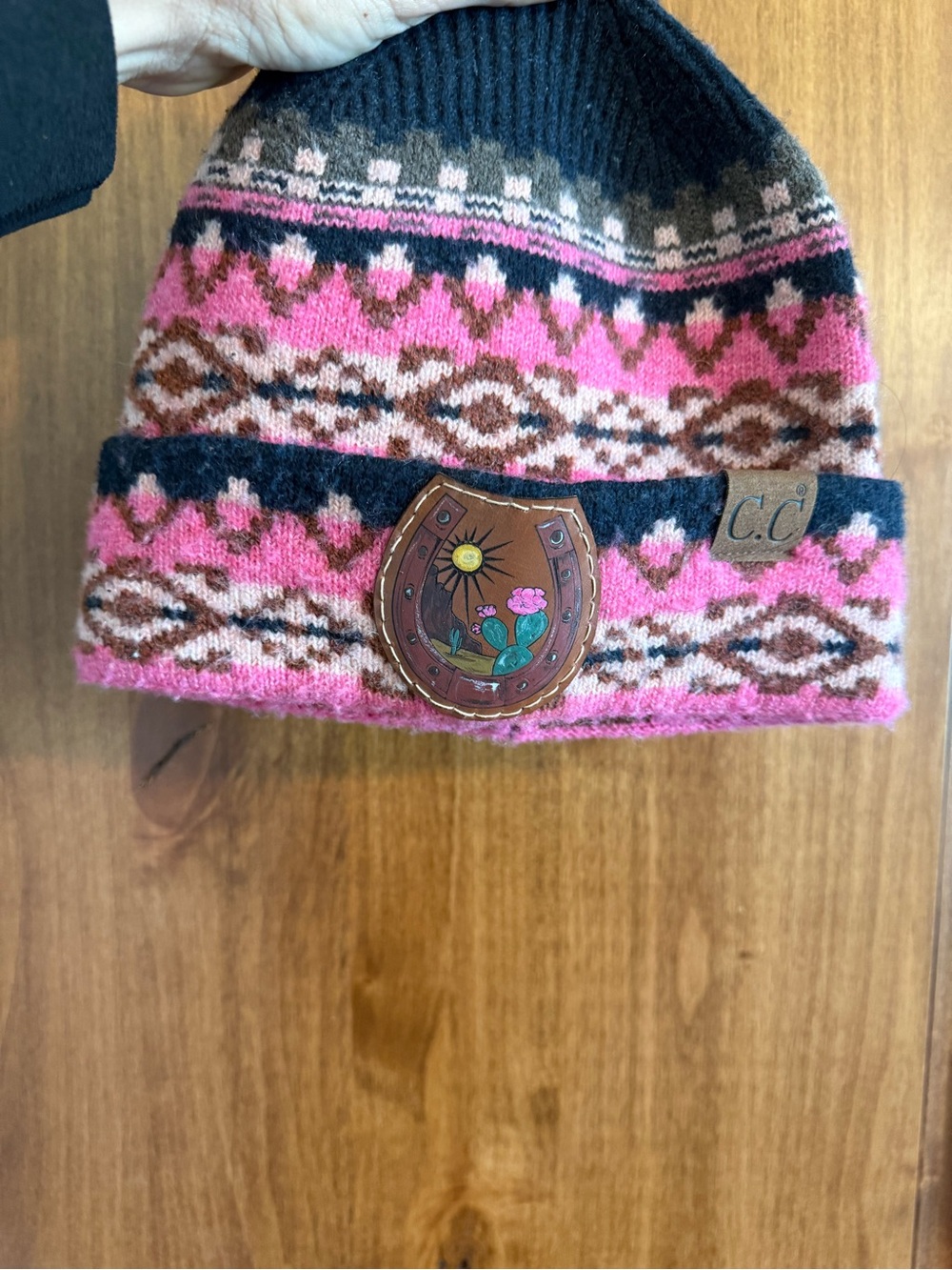 C.C  Pink Patterned Beanie with Leather Patch
